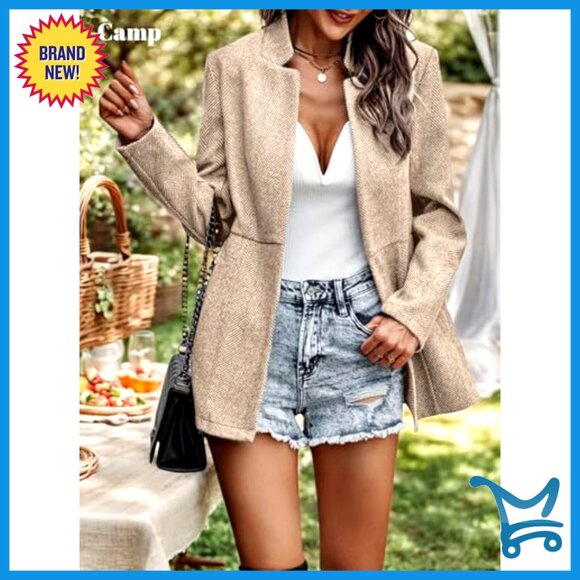 Herringbone Tweed Blazer Slim Fit Long Lined Open Front Work Office Coat - Picture 3 of 7